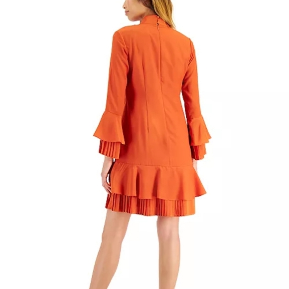 NWT Tahari ASL Burnt Orange Pleated Trim Tie Neck Dress Size 14 - Picture 13 of 15